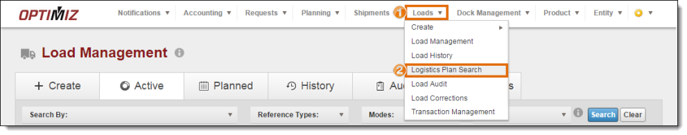 Logistics Plan Search menu item